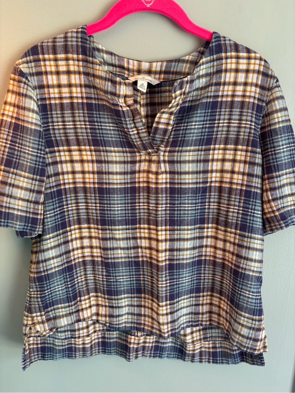L.L.Bean Signature Women's Plaid Popover Blouse, Short Sleeve, Size Medium
